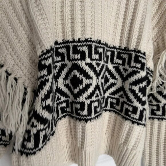H&amp;M White Black Wool Mix Fringe Trimmed Jacquard  Knit Jumper size L - Picture 7 of 7